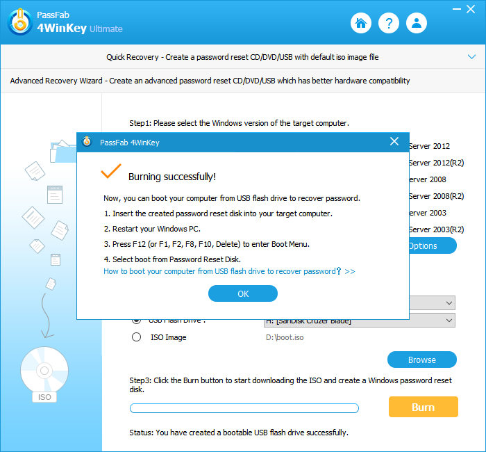 advanced recovery burn usb successfully