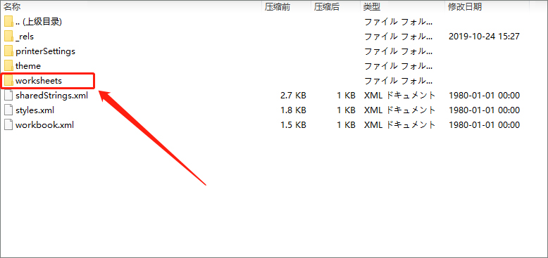 「worksheets」ファイルを開く