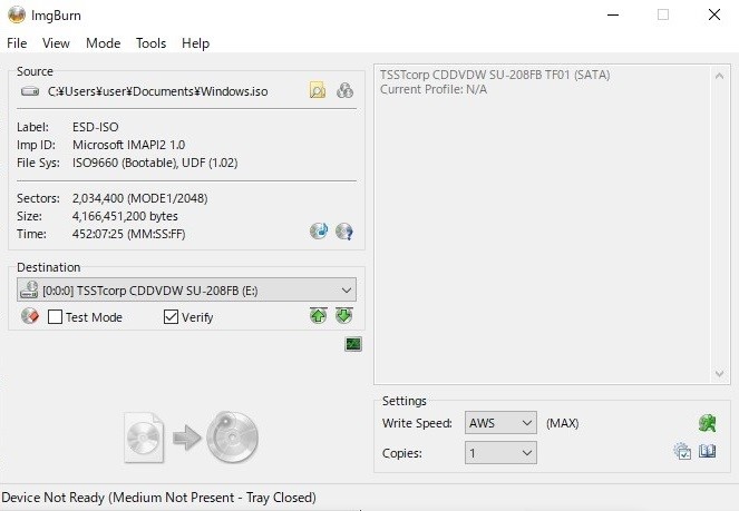 ImgBurnでiso ファイル dvd 書き込み