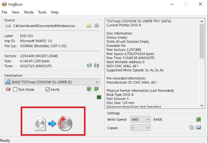 ImgBurnでiso ファイル dvd 書き込み