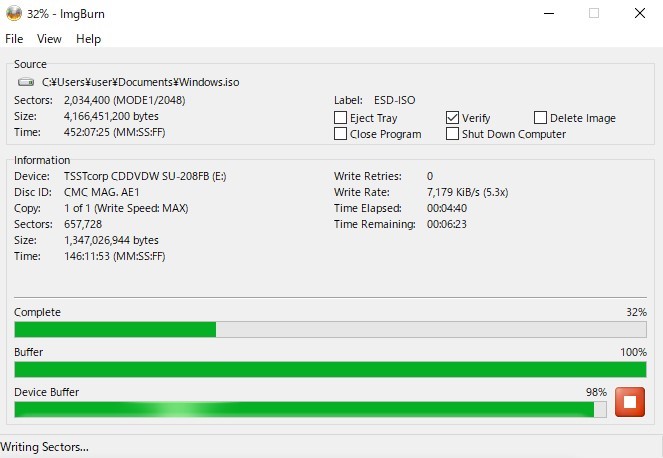 ImgBurnでiso ファイル dvd 書き込み